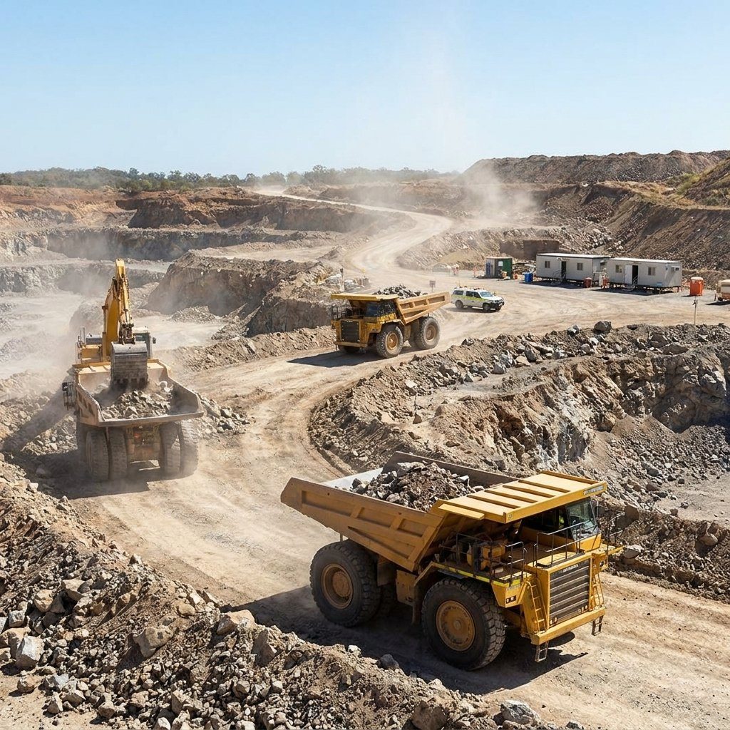 Mining dump trucks and excavator hauling material at a quarry site