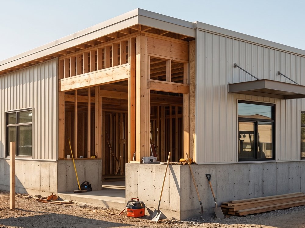 Small commercial building under construction with exposed framing