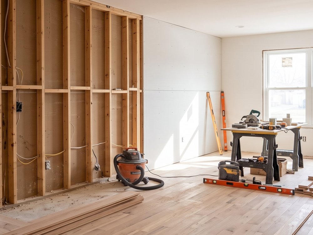 Home interior mid remodel with exposed framing and new flooring ready to install